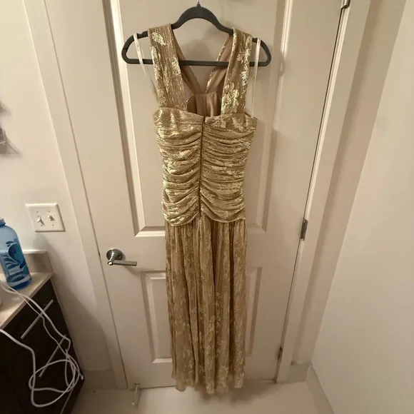 Shoshanna Women's Gold Foil Pleated Chiffon Lora Dress Size 6 - Picture 4 of 5